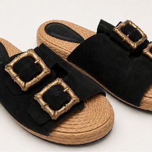 Schutz Womens Slide Sandals Size 9.5B Black Suede Raffia Bamboo Buckle